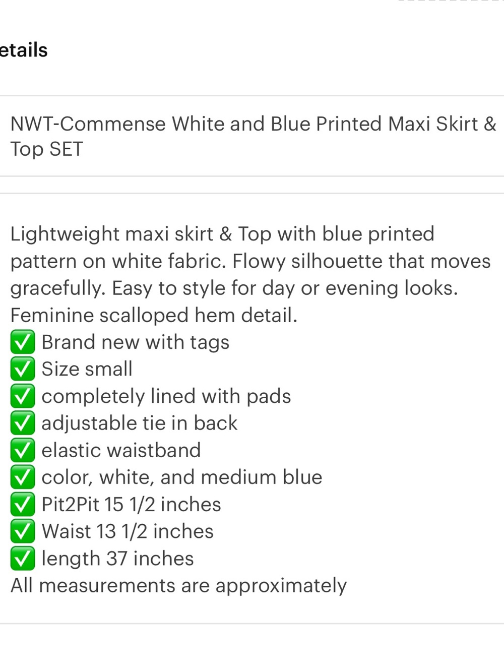 NWT-COMMENSE White and Blue Embroidered Maxi Skirt & Top set - Picture 10 of 11